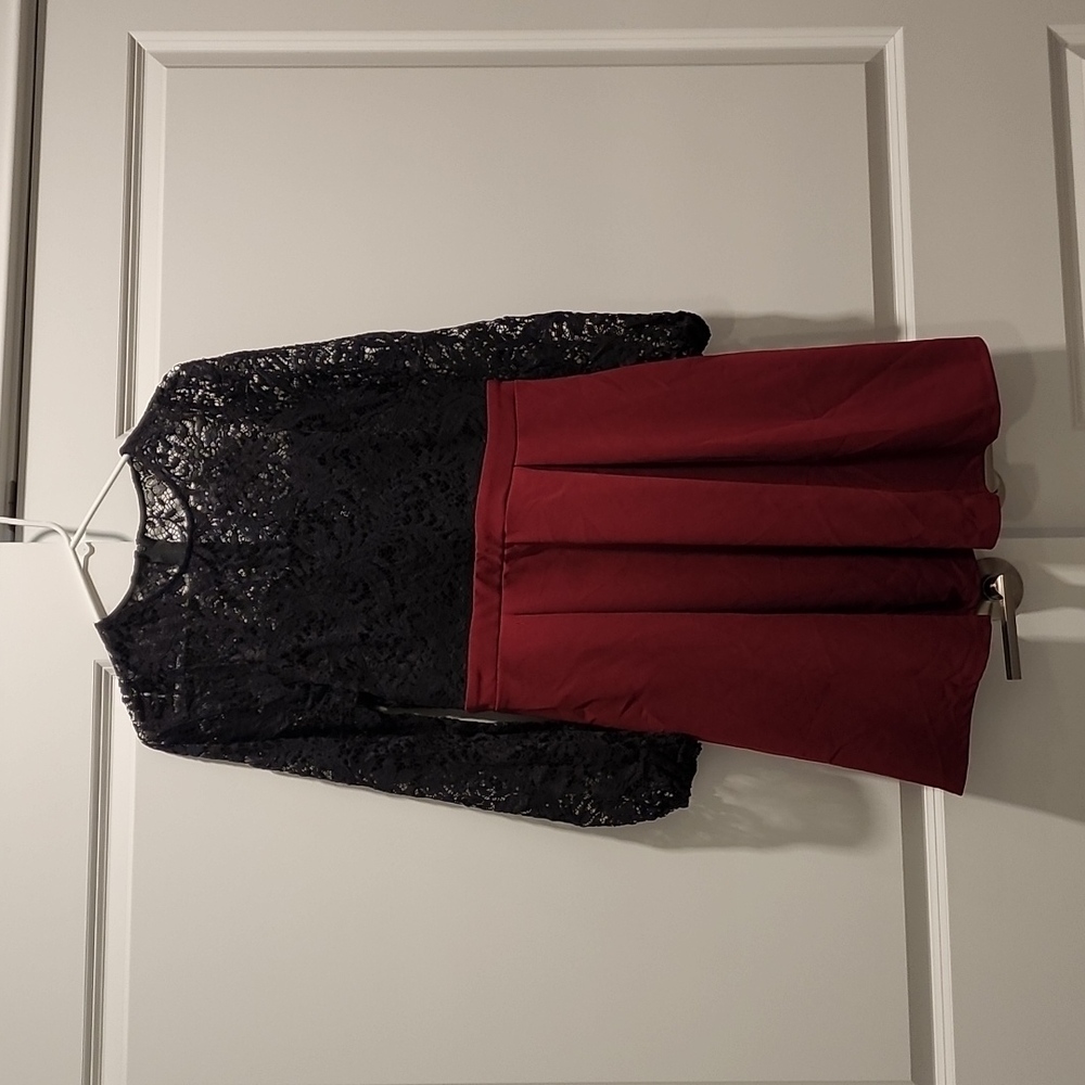 Long sleeve black lace, red skater dress